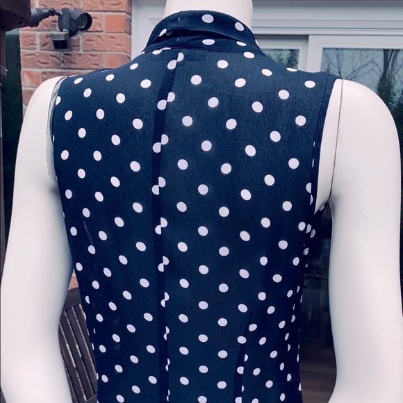 Beautiful Sheer Navy blue & white Polka Dot tank top with low Bow-tie collar - Picture 3 of 8